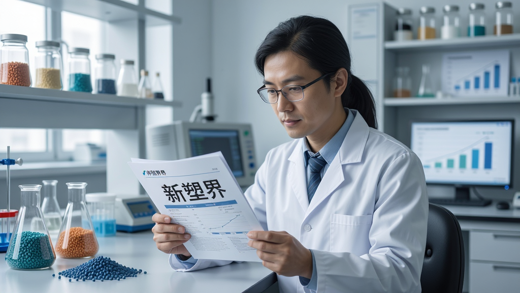 AI生图,画面主体为一位技术员在实验室查看塑料改性材料报告,布局为人物居中、背景为实验台与样品架,排版采用三分法构图,风格为专业科研风,细节包括烧杯、塑料颗粒、数据图表,画质高清,干净,无多余元素,图片中打文字“新塑界”