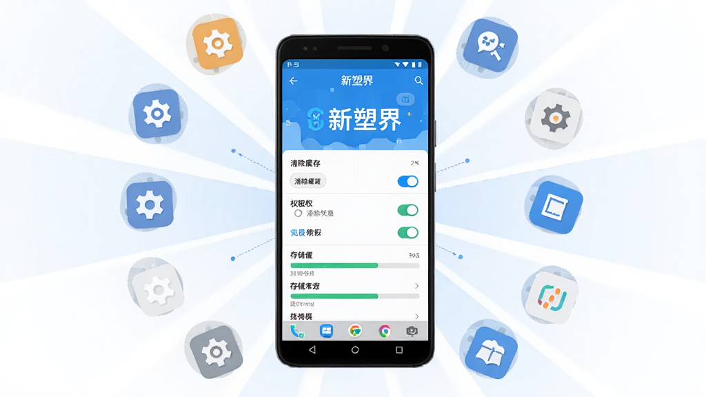 AI生图,画面主体为一部安卓手机展示新塑界应用管理界面,布局为手机居中、周围环绕设置图标,排版采用中心放射构图,风格为扁平化科技风,细节包括清除缓存按钮、权限开关、存储条,画质高清,干净,无多余元素,图片中打文字“新塑界”