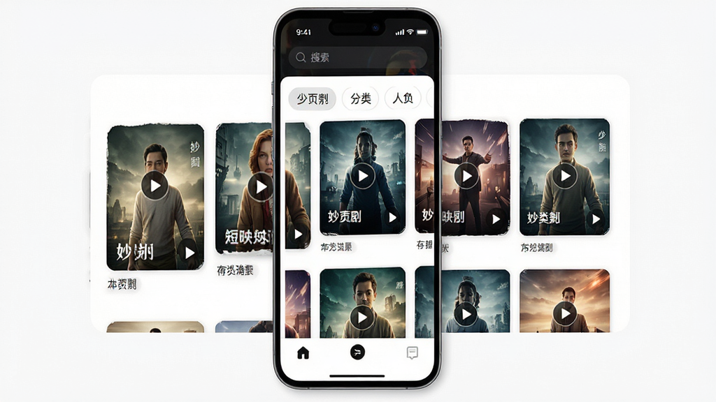 妙映软件界面全貌展示,主体为一部智能手机屏幕,屏幕上呈现妙映短剧播放器的首页推荐界面,布局为顶部搜索栏加分类标签,中部为竖屏短剧封面卡片网格排列,底部为导航菜单,排版整齐清晰,风格为现代简约科技感,细节包括短剧封面缩略图、播放按钮图标、分类标签文字,画质高清,干净,无多余元素