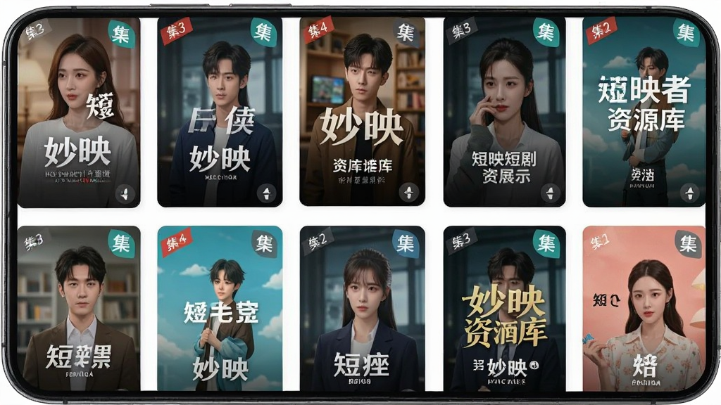 妙映短剧资源库展示图,主体为大量竖屏短剧封面整齐排列在手机屏幕上,布局为多行多列的网格状,排版紧凑有序,风格为现代扁平化设计,细节包括每张封面上的剧名文字和集数角标,画质高清,干净,无多余元素
