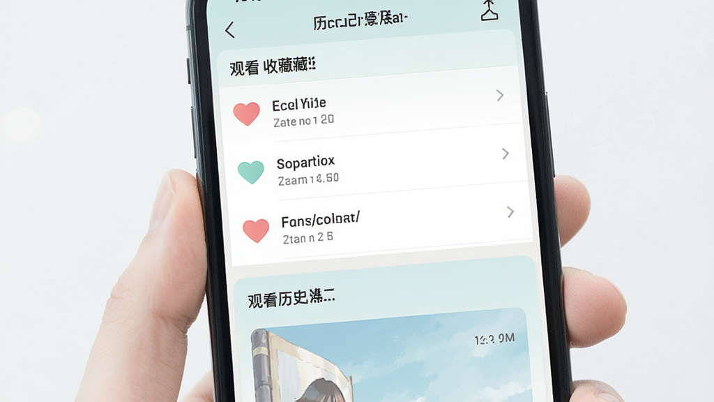 妙映收藏与历史记录界面展示图,主体为手机屏幕上显示收藏列表和观看历史两个模块,布局为上下分区,排版清晰,风格为清爽淡雅色调,细节包括收藏心形图标和历史时间戳文字,画质高清,干净,无多余元素