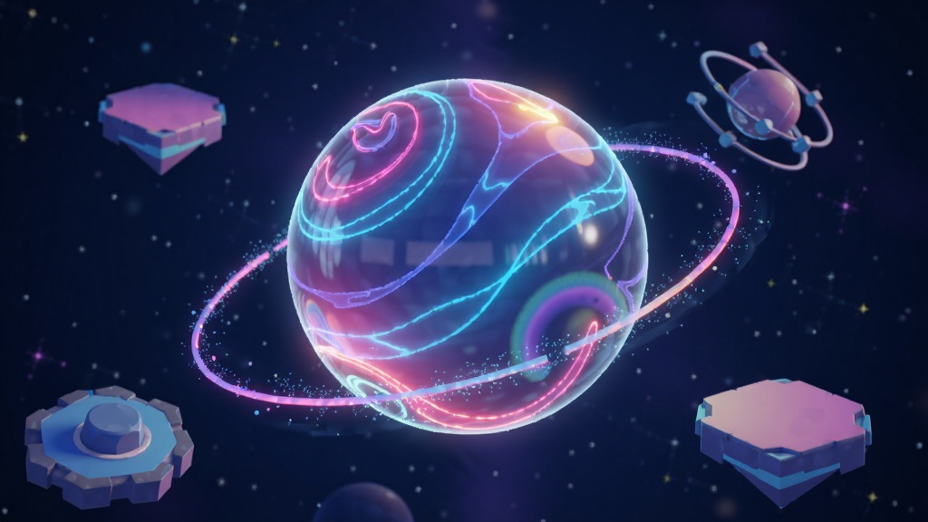 一颗发光的彩色水晶球悬浮在深蓝色星空背景中央,球体表面有流动的霓虹光纹和微小粒子环绕,周围散布着几何形状的漂浮平台和旋转的圆环轨道,画面采用3D渲染风格,细节精致,球体反射出周围环境的倒影光晕,整体色调以蓝紫渐变为主搭配亮橙色高光点缀,画质超清,干净无多余元素,适合作为游戏下载页主视觉图