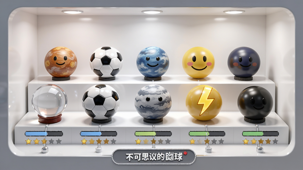 展示多颗不同皮肤的球体排列在展示架上,包括水晶球、足球、星球、笑脸球、闪电球等,每颗球下方有对应的解锁进度条和星级标志,背景是简洁的白色展示柜风格,灯光柔和聚焦在球体上,整体排版整齐有序,画质高清,干净无多余元素,画面中带有