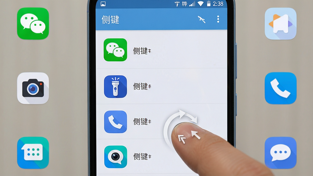 一部安卓手机屏幕显示“侧键”软件的应用绑定列表界面,列表中排列着微信、相机、手电筒等应用图标,手机侧边按键被手指按压,画面中有快捷启动的箭头示意,布局为手机居中、周围环绕应用图标,风格为扁平化清新浅色,细节包括图标清晰、文字“侧键”可见,画质高清,干净无多余元素