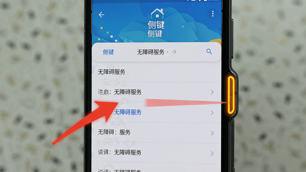 一部安卓手机屏幕显示“侧键”软件的无障碍服务开启引导界面,界面中有红色箭头指向系统设置中的无障碍选项,手机侧边按键被高亮标注,布局为手机居中、引导箭头清晰,风格为简洁明了的教程风格,细节包括文字“侧键”和“无障碍服务”可见,画质高清,干净无多余元素