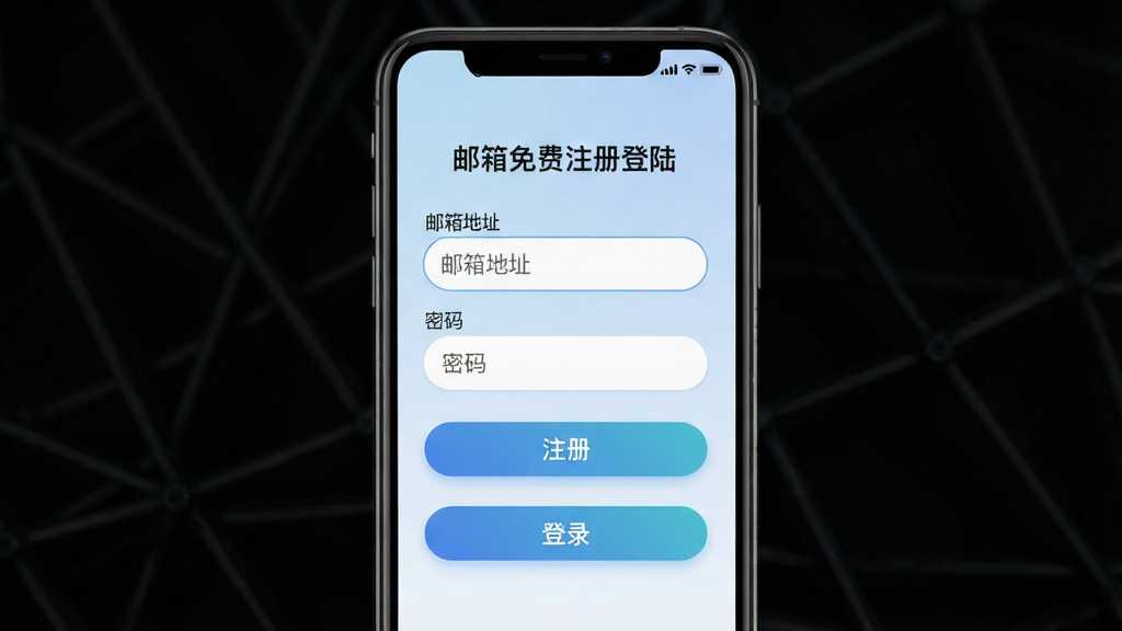一款名为“邮箱免费注册登陆”的手机应用界面展示图,主体为一部竖屏智能手机,屏幕中显示邮箱注册登录页面,包含邮箱地址输入框、密码输入框、注册按钮和登录按钮,布局清晰居中,排版简洁,风格为现代扁平化科技风,细节上按钮带有轻微渐变和圆角,背景为浅蓝色渐变,画质高清,干净,无多余元素