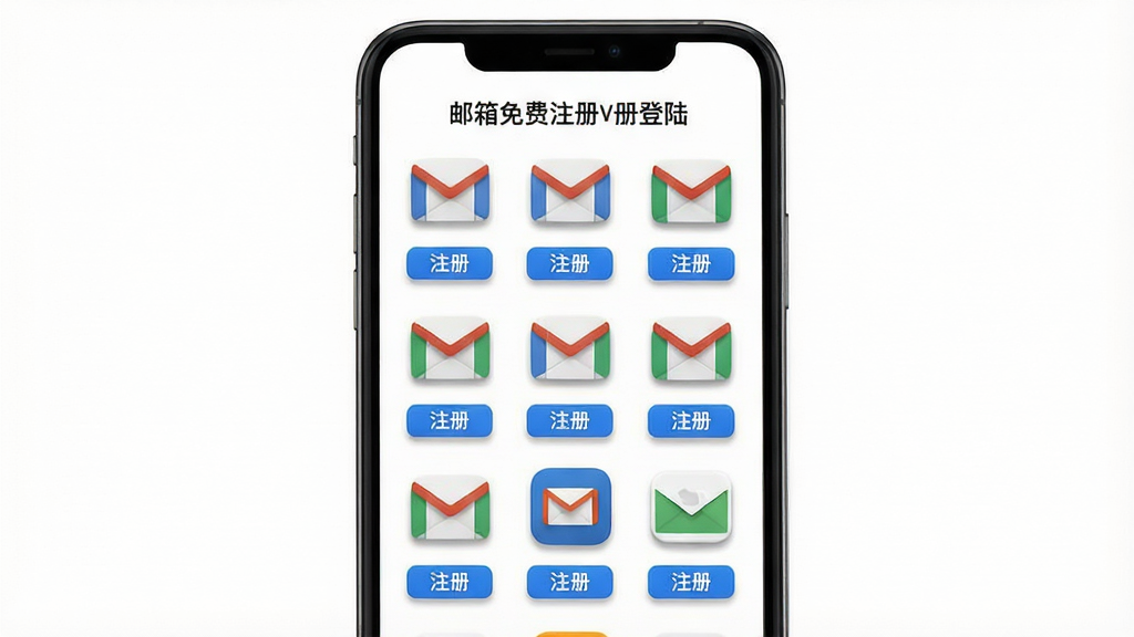 一款名为“邮箱免费注册登陆”的软件功能展示图,画面中央为手机屏幕,屏幕内呈现多个邮箱品牌图标以网格形式排列,每个图标下方带有“注册”按钮,主体突出,布局为上下结构,排版整齐,风格为清新简约的UI设计风,细节上图标带有轻微阴影和立体感,背景为白色,画质高清,干净,无多余元素
