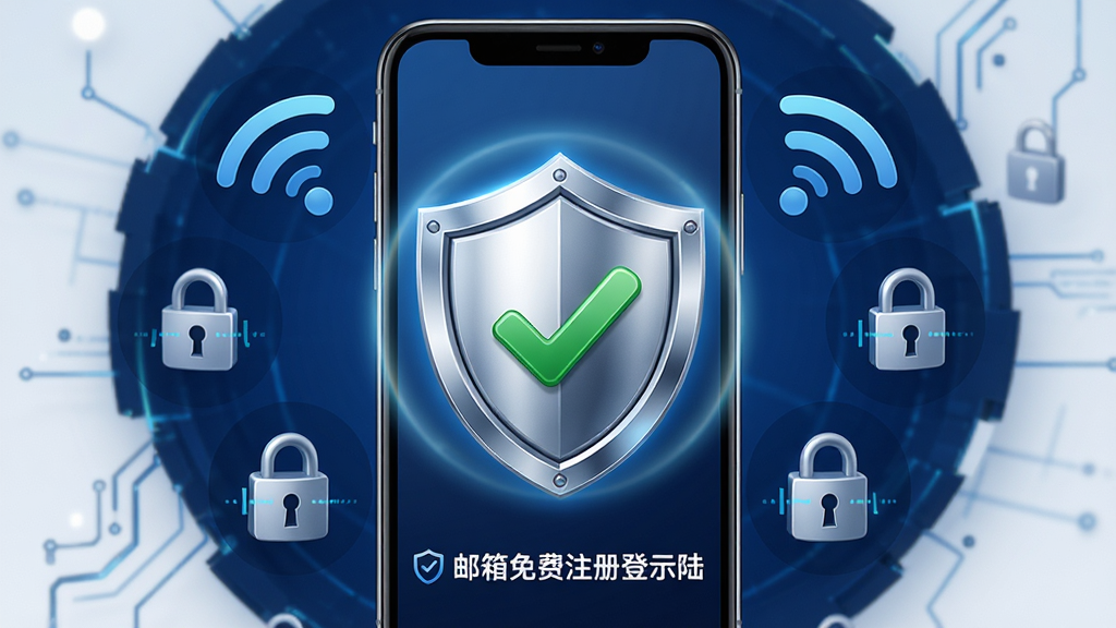 一款名为“邮箱免费注册登陆”的软件安全检测功能示意图,画面主体为手机屏幕显示盾牌图标和绿色对勾,屏幕周围环绕着WiFi信号、锁形图标等安全元素,布局为中心对称,排版简洁,风格为科技安全风,细节上盾牌带有金属光泽和光晕效果,背景为深蓝色,画质高清,干净,无多余元素
