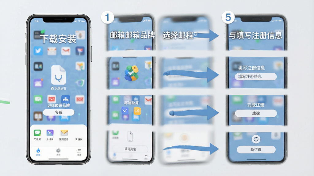 一款名为“邮箱免费注册登陆”的软件操作教程示意图,画面主体为手机屏幕展示四步操作流程,分别为下载安装、选择邮箱品牌、填写注册信息、完成注册,布局为纵向排列,排版清晰,风格为扁平化教程风,细节上每一步配有数字序号和箭头引导,背景为浅灰色,画质高清,干净,无多余元素