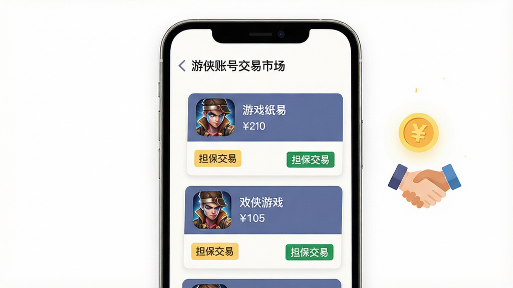 一张「游侠账号」交易市场页面的概念图,画面中手机屏幕显示多个游戏账号卡片列表,每张卡片带有游戏图标、价格标签和「担保交易」字样,背景为白色清爽风格,手机右侧漂浮金币与握手图标,布局整齐,扁平化设计,画质高清,干净,无多余元素