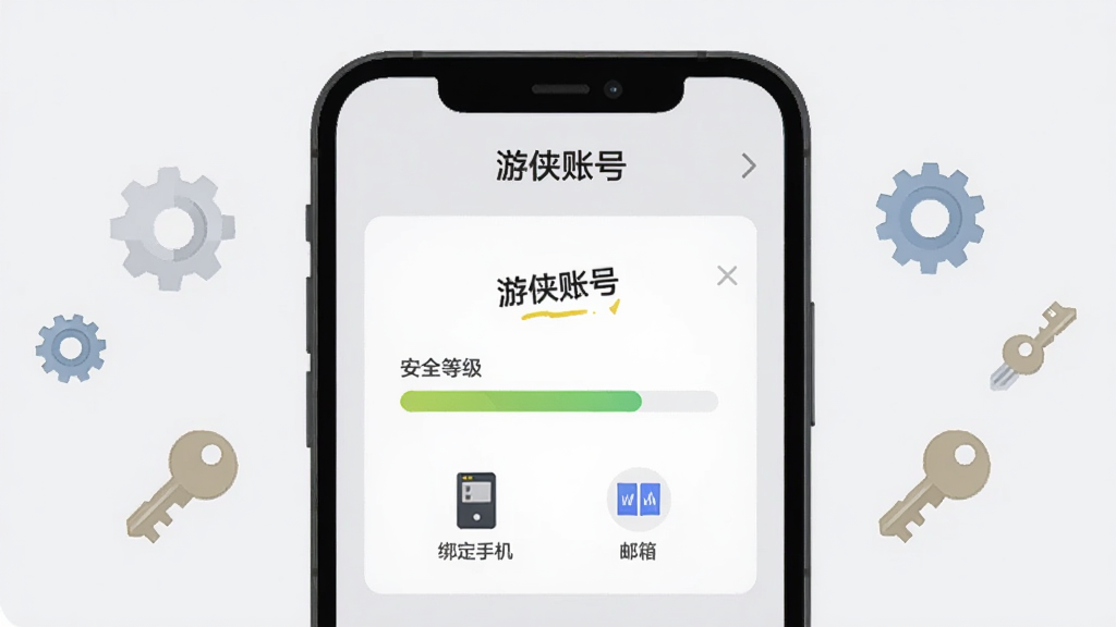 一部手机屏幕中显示「游侠账号」的账号管理面板,面板上有用户名、安全等级进度条、绑定手机与邮箱图标,背景为浅灰色极简风格,画面中央对称排版,手机两侧漂浮齿轮与钥匙的小图标,扁平化设计,高清画质,干净,无多余元素