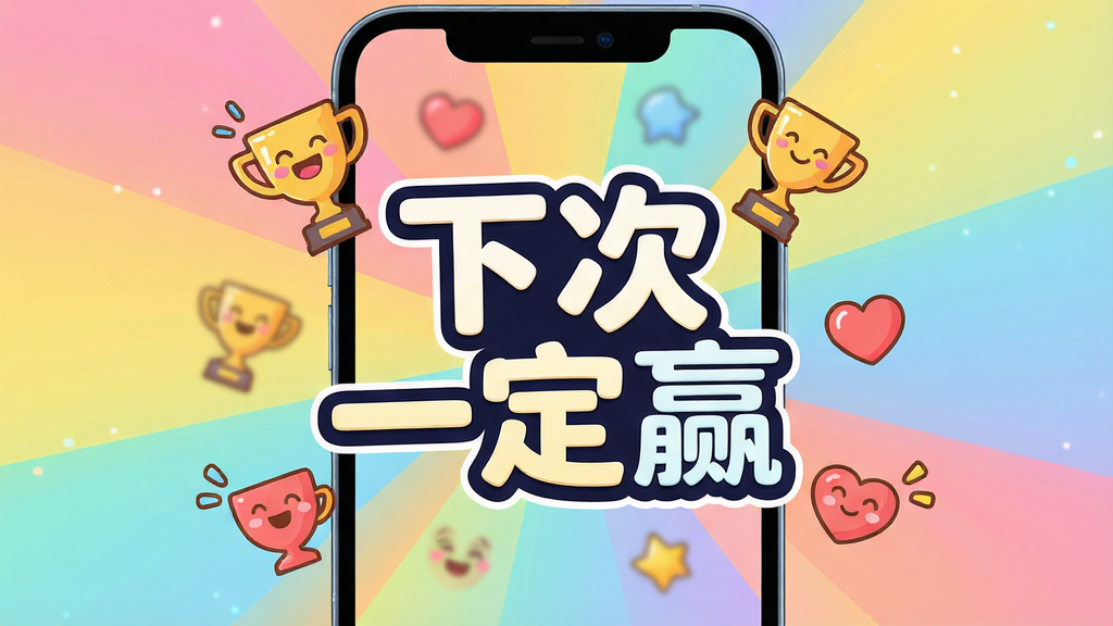 一张展示“下次一定赢”软件核心全貌的图片,主体是一个充满活力的手机界面,屏幕中央显示着巨大的“下次一定赢”字样,周围环绕着笑脸、奖杯、爱心等趣味图标,布局采用中心辐射式排版,风格为明亮活泼的卡通扁平化设计,细节包括柔和的渐变色背景和圆润的字体,画质高清,干净,无多余元素。