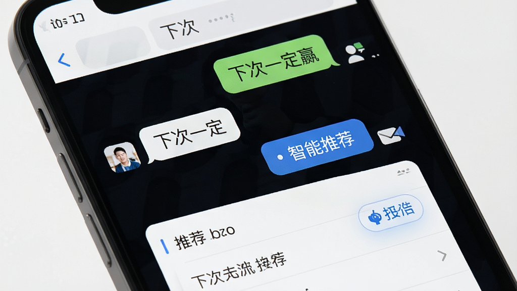 一张展示“下次一定赢”软件智能接龙功能的图片,主体是聊天对话框界面,屏幕上显示着“下次一定”的接龙对话,旁边有一个智能推荐按钮,布局为上下结构,排版简洁,风格为现代社交软件风格,细节包括气泡对话和推荐列表,画质高清,干净,无多余元素。