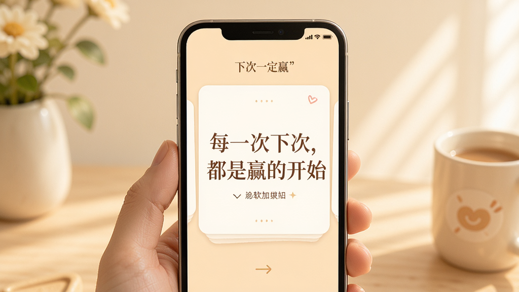 一张展示“下次一定赢”软件心态加油站板块的图片,主体是手机屏幕显示着一句正能量文案“每一次下次,都是赢的开始”,布局为卡片式设计,排版居中,风格为温暖治愈系,细节包括柔和的背景色和精致的字体,画质高清,干净,无多余元素。