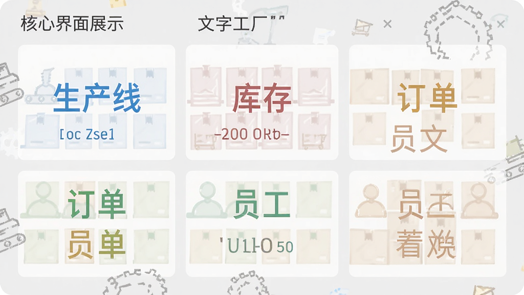 文字工厂核心界面展示,画面以文字列表为主体,展示“生产线”“库存”“订单”“员工”等模块,每个模块用不同颜色的文字区分,背景为浅灰色,排版整齐,风格简约商务,画质清晰干净