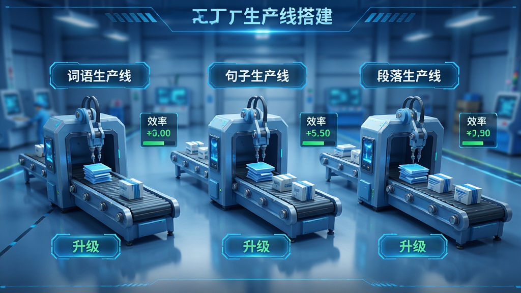 文字工厂生产线搭建界面,画面展示多条生产线并列排布,每条生产线标注“词语生产线”“句子生产线”“段落生产线”等名称,旁边有升级按钮和效率数值,整体布局清晰,风格为科技蓝调,细节丰富,高清画质