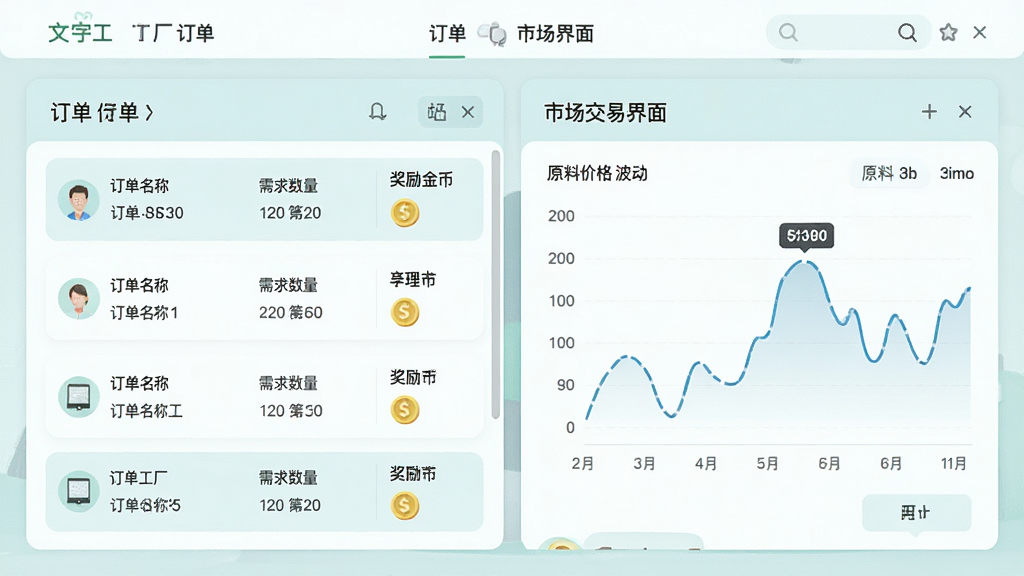 文字工厂订单与市场界面,画面左侧为订单列表,显示订单名称、需求数量和奖励金币,右侧为市场交易面板,展示原料价格波动曲线,整体布局对称,风格为清新浅色,细节清晰,画质干净