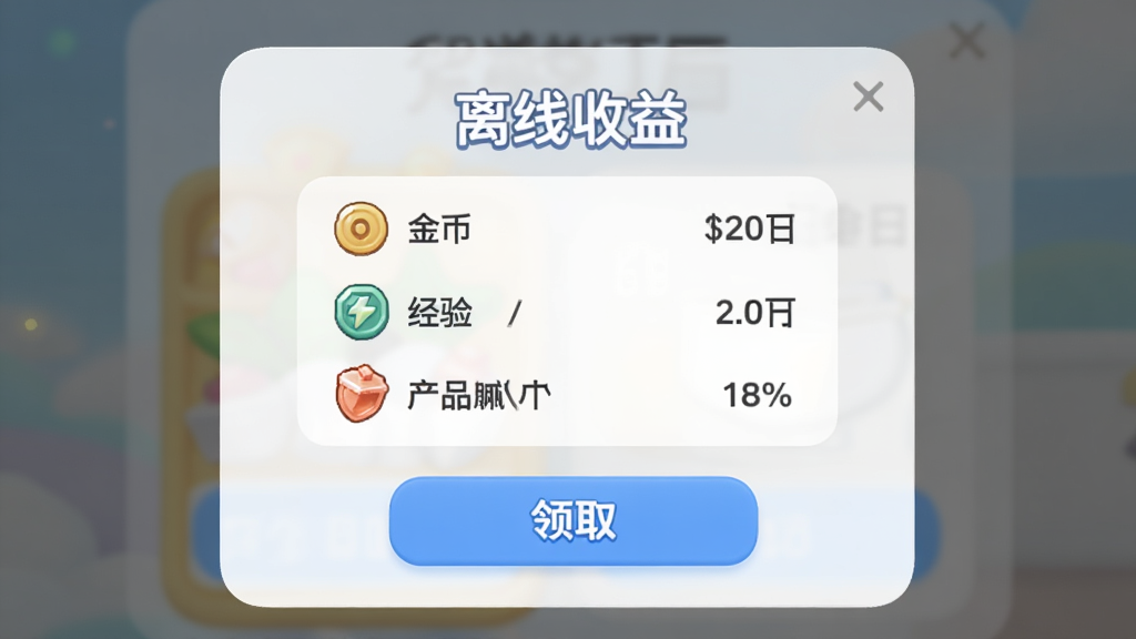 文字工厂离线收益弹窗界面,画面中央显示“离线收益”标题,下方列出金币、经验、产品数量等收益明细,底部有“领取”按钮,背景为半透明遮罩,风格为柔和圆角,色调明亮,画质清晰