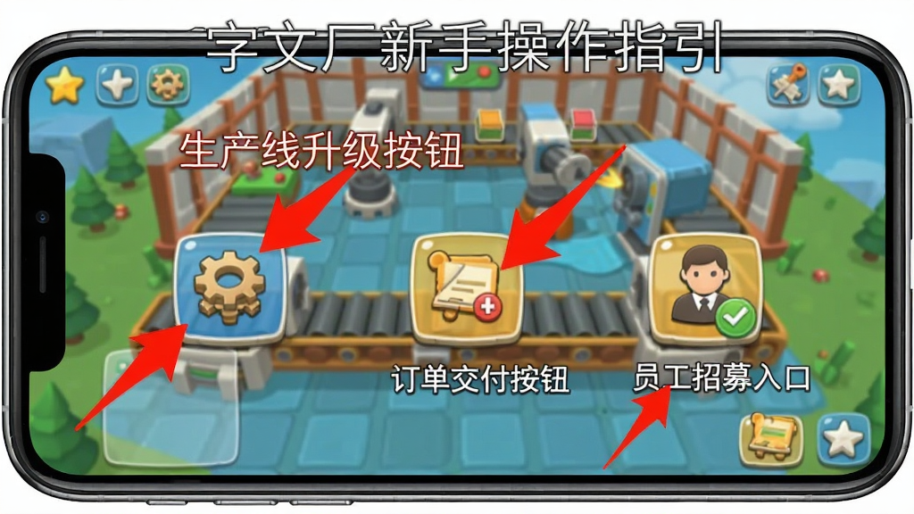 文字工厂新手操作指引截图,画面展示手机屏幕上的游戏界面,用红色箭头标注“生产线升级按钮”“订单交付按钮”“员工招募入口”等关键操作位置,背景为游戏实际画面,风格为教程图解,清晰明了,画质高清