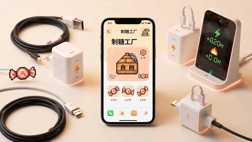画面主体为一部智能手机与多款智能充电设备组合摆放,布局采用居中环绕式构图,手机屏幕显示“制糖工厂”APP主界面,周围环绕数据线、充电头、桌面充电站,排版简洁清晰,风格为现代科技感与温馨像素风结合,细节包含充电功率数字跳动、像素小糖果图标、柔和呼吸灯效,画质为4K超高清,干净,无多余元素