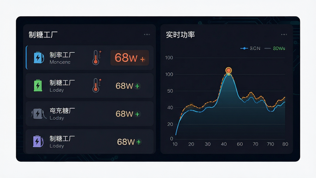 画面主体为一张智能充电管理仪表盘界面,布局采用分栏卡片式排版,左侧显示“制糖工厂”设备列表,右侧展示实时功率曲线图,风格为深色科技风,细节包含多个充电设备图标、温度计标识、功率数字“68W”高亮显示,画质为高清矢量渲染,干净,无多余元素