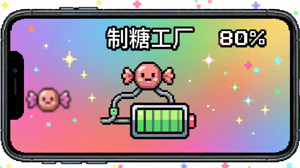 画面主体为手机屏幕显示像素风格充电动画,布局采用全屏展示,画面中央为“制糖工厂”像素小糖果角色沿着数据线跳跃进入电池图标,排版活泼,风格为复古像素艺术,细节包含渐变色背景、闪烁的星星粒子、电量百分比数字“80%”,画质为1080P细腻像素风,干净,无多余元素