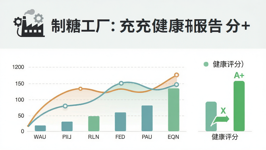 画面主体为一份充电健康报告图表,布局采用上下结构,上方为“制糖工厂”Logo与标题,下方为折线图与柱状图组合,风格为简约商务浅色系,细节包含温度曲线、功率柱状条、健康评分“A+”,画质为高清扁平化设计,干净,无多余元素