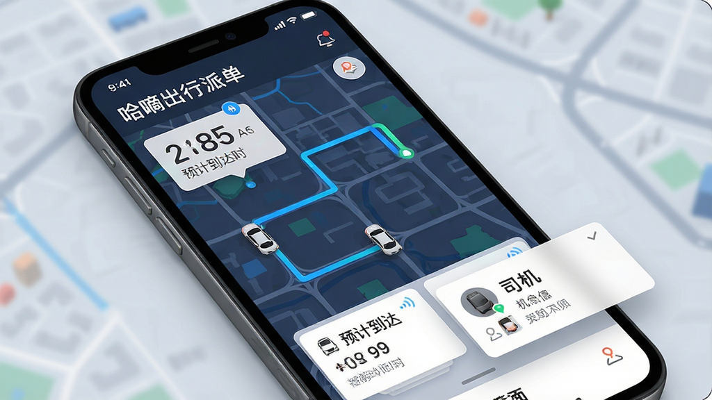 一张展示“哈嘀出行”APP智能派单界面的图片,主体为手机屏幕,布局包含地图区域、车辆移动轨迹、预计到达时间卡片和司机信息浮窗,排版层次分明,风格科技感与简洁并存,细节包括动态路线线条、时间数字、车辆图标、信号标识,画质清晰,干净,无多余元素