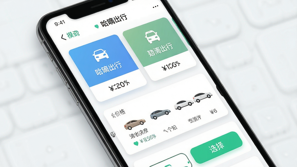 一张展示“哈嘀出行”APP多场景出行模式选择页面的图片,主体为手机屏幕,布局包含多个出行模式卡片、价格提示、车型图标和选择按钮,排版整齐,风格清爽明亮,细节包括卡片阴影、图标样式、文字标签,画质高清,干净,无多余元素