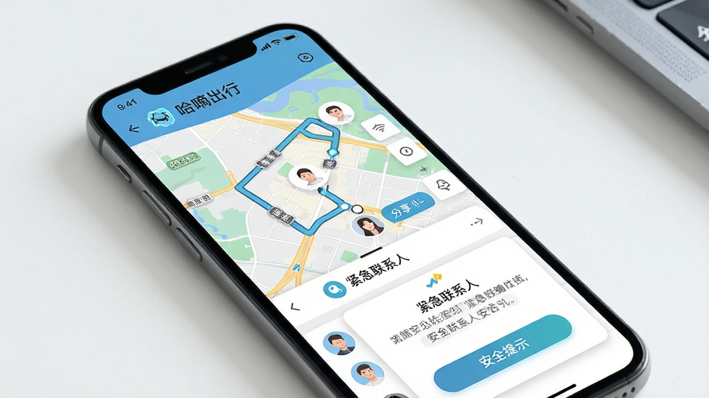 一张展示“哈嘀出行”APP行程安全分享功能的图片,主体为手机屏幕,布局包含地图路线、分享按钮、紧急联系人列表和安全提示弹窗,排版清晰,风格稳重安心,细节包括路线高亮、按钮图标、联系人头像,画质高清,干净,无多余元素