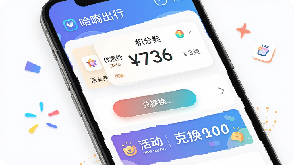 一张展示“哈嘀出行”APP优惠活动与积分中心的图片,主体为手机屏幕,布局包含优惠券卡片、积分数字、兑换按钮和活动横幅,排版活泼,风格明快,细节包括彩色图标、数字展示、按钮渐变,画质高清,干净,无多余元素
