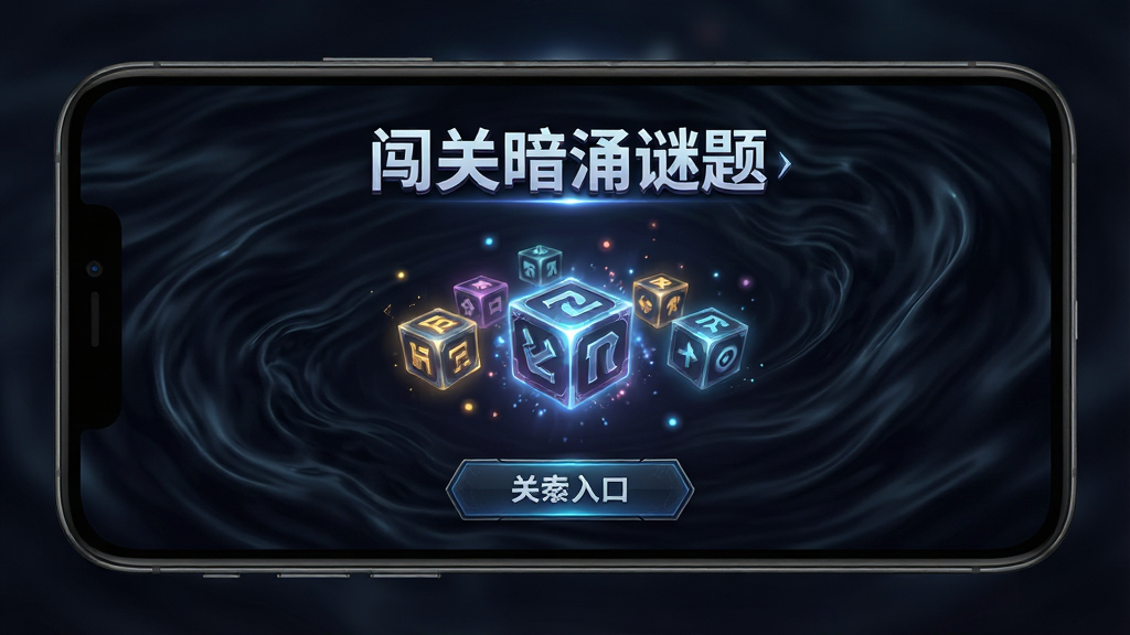 一张手机屏幕特写,屏幕中央显示“闯关暗涌谜题”游戏主界面,画面中有多个发光的谜题方块和暗涌流动的背景纹理,主体居中,布局采用上下结构上方为游戏标题下方为关卡入口按钮,风格为暗黑科幻解谜风,细节包含光晕、粒子特效、暗色渐变,画质高清,干净,无多余元素