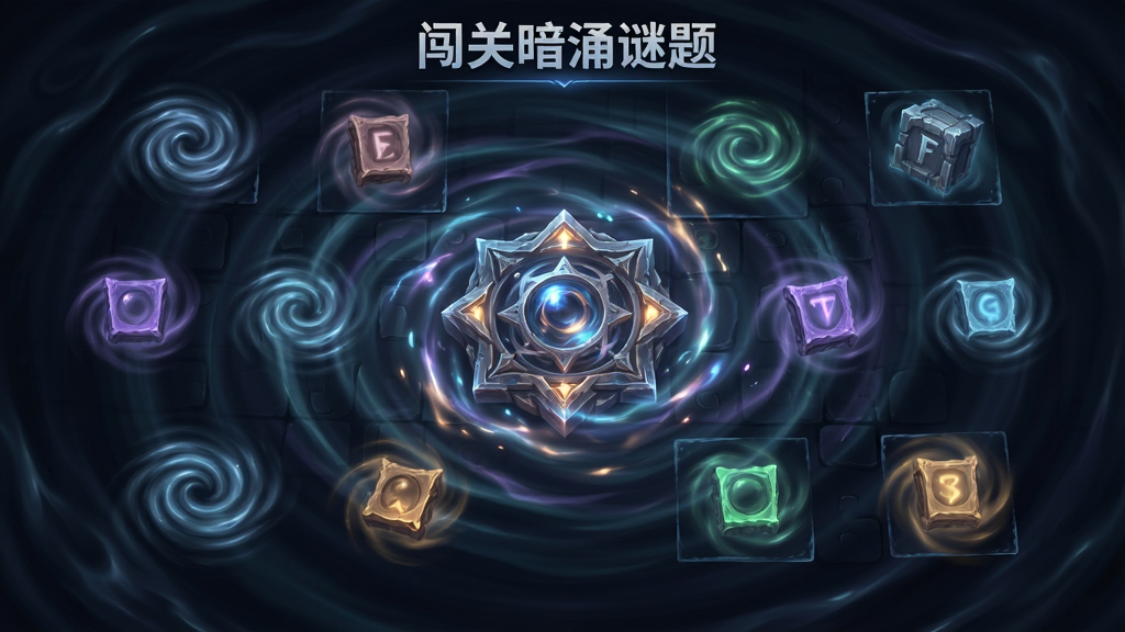 一张展示“闯关暗涌谜题”游戏内动态谜题场景的图片,画面主体为不断流动变化的谜题元素,布局为全屏展示,风格为神秘暗涌流动特效,细节包含波纹、光影变幻、中心谜题核心,画质高清,干净,无多余元素