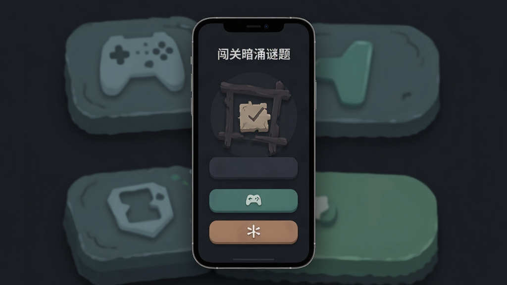 一张“闯关暗涌谜题”游戏界面设计风格展示图,画面主体为简约的UI按钮和暗色背景,布局为手机屏幕竖版构图,风格为扁平化极简暗黑风,细节包含柔和阴影、清晰图标、舒适配色,画质高清,干净,无多余元素