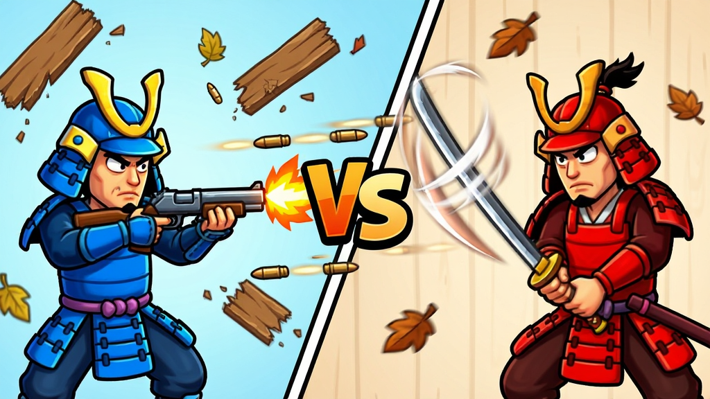 һ��չʾSamurai Gunn��Ϸ��ս��������ͼƬ�������Ϊ���������֣������һ����ɫ��ʿ���ڿ�ǹ������ӵ��켣�����ɼ����Ҳ���һ����ɫ��ʿ���ڻ�����ʿ���񵲡����ֲ��öԽ��߹�ͼ��ǿ�������Ķ��С��Ű��ϣ�����������һ����Ŀ�ġ�VS��ͼ�ꡣ��������޵Ŀ�ͨ��Ⱦ���ɫ�ʶԱ�ǿ�ҡ�ϸ�ڰ���ǹ�ڵĻ��桢�����Ӱ�������������ľ���Ʈ�����Ҷ�������������ɾ����޶���Ԫ�ء�