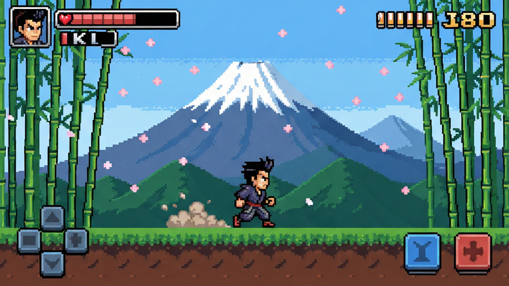 һ��չʾSamurai Gunn��Ϸ�����������ͽ��沼�ֵ�ͼƬ������������һ������������Ϸ�ؿ��������Ǹ�ʿɽ�����֡����ֲ��þ���ĺ������ӽǡ��Ű��ϣ���Ļ�Ϸ���ʾ�����Ѫ���뵯ҩ�������·��ǲ�����ť���򡣷���Ǿ��µ�8-bit���ط��ϸ�ڰ���Ʈ���ӣ�����ص㡢Զ�������ɽ�͡��Լ���ɫ����ʱ����ĳ����������������ɾ����޶���Ԫ�ء�