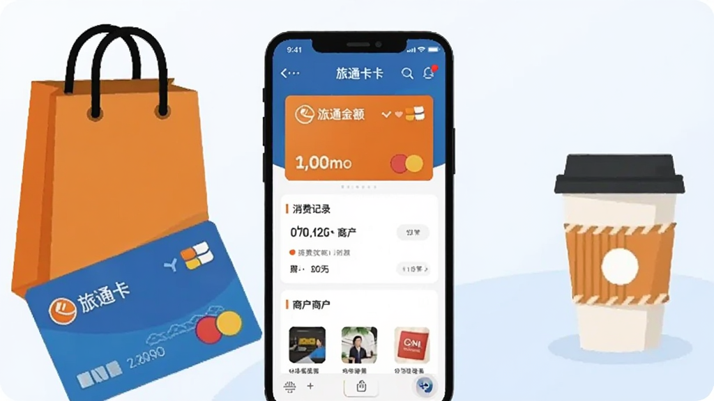 画面中央放置一部智能手机,手机屏幕上显示旅通卡App主界面,界面中有卡片余额、消费记录、商户列表等模块,手机周围环绕着实体旅通卡、购物袋、咖啡杯等消费场景元素,整体采用扁平化插画风格,配色以蓝色和橙色为主,背景干净简洁,画质清晰,无多余元素