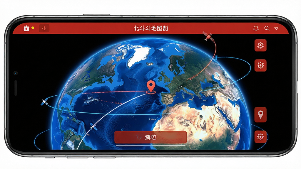 红色北斗卫星地图软件主界面,主体为手机屏幕展示卫星俯瞰地球画面,布局居中,排版简洁,风格写实科技感,细节包含蓝色地球、卫星轨迹线、定位图标、功能按钮,画质高清,干净,无多余元素