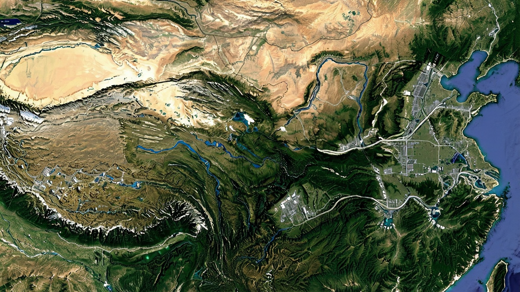 红色北斗卫星地图高清卫星影像展示,主体为广阔的卫星俯瞰图,布局全屏铺满,排版突出影像质感,风格写实自然,细节包含绿色山脉、蓝色河流、灰色城市建筑、清晰道路网,画质超清,干净,无多余元素