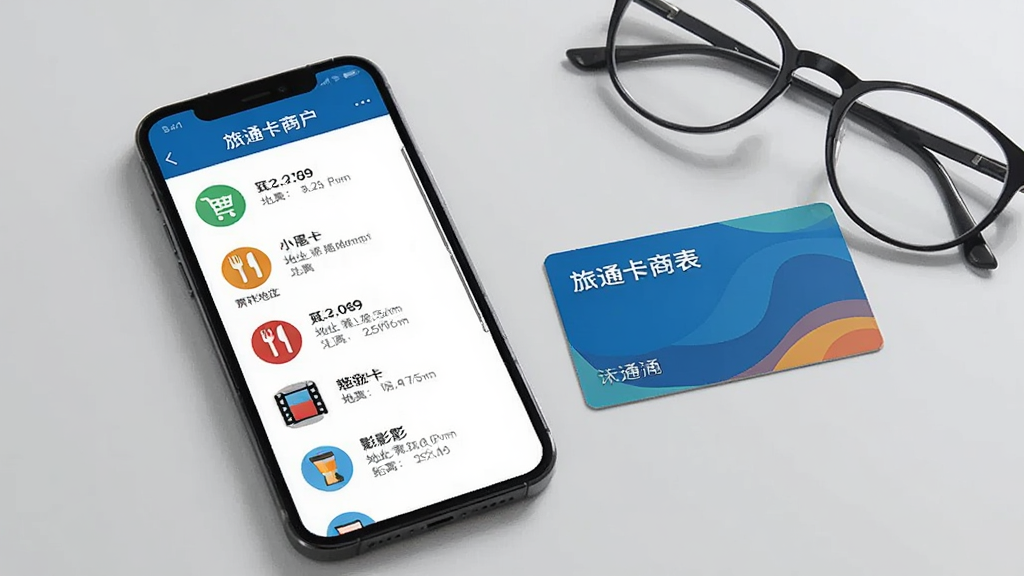 手机屏幕展示旅通卡商户列表页面,页面中有超市、餐厅、电影院等图标,每个商户旁边有地址和距离信息,手机旁边放着一张旅通卡和一副眼镜,背景为浅灰色桌面,风格简约商务,画面清晰,文字可辨,无杂乱元素