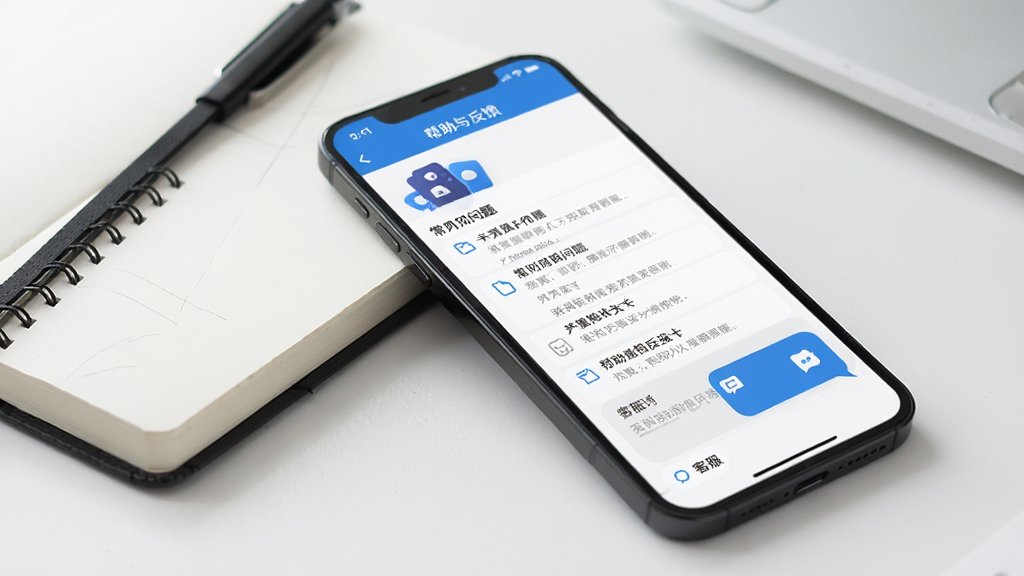 手机屏幕显示旅通卡App的帮助与反馈页面,页面上有常见问题列表和客服对话框,手机放在一本笔记本旁边,背景是简洁的办公桌面,光线明亮,画面干净,突出手机屏幕内容,画质清晰