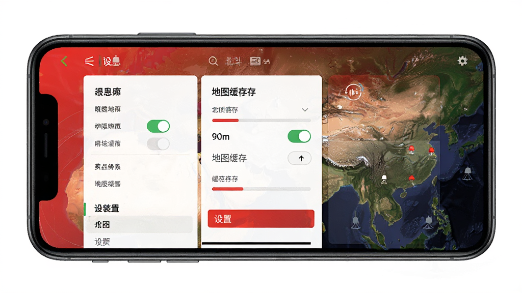 红色北斗卫星地图新手安装设置界面,主体为手机屏幕显示权限设置与地图缓存选项,布局清晰分栏,排版直观,风格扁平化设计,细节包含权限开关、缓存进度条、设置菜单,画质清晰,干净,无多余元素