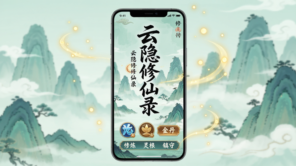 画面中央是一部竖屏手机,手机屏幕内显示古风文字修仙界面,界面中有“云隐修仙录”五个大字,文字下方排列着修炼、灵根、金丹、镇守等按钮选项,背景为淡雅的青绿色山水与云雾缭绕的仙山,手机周围飘散着几缕金色灵气光点,整体风格为清新国风插画,细节精致,画质清晰,背景干净,无多余元素。