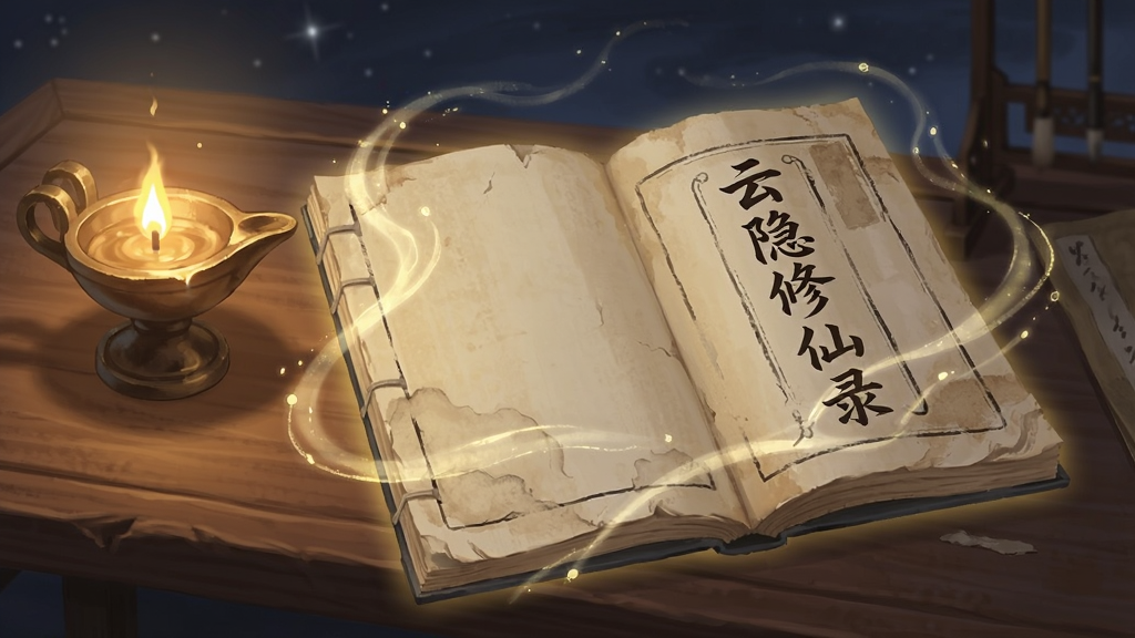 画面为一本摊开的古风线装书,书页上竖排书写着“云隐修仙录”字样,书页周围环绕着淡淡的金色光芒与飘动的灵气线条,书本放置在一张木质案几上,案几旁有一盏青铜油灯,背景为深色夜空与隐约的星点,整体风格为唯美国风插画,光影柔和,画质细腻,构图简洁,无多余元素。