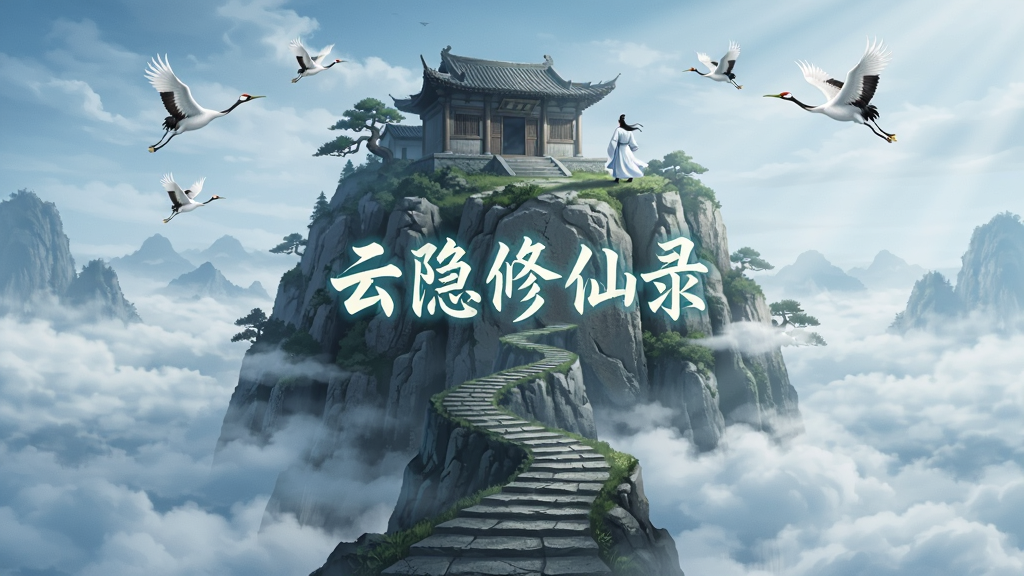 画面为一座悬浮在云海之上的仙山,山体上刻有“云隐修仙录”五个发光大字,山脚下有一条石阶小路通向山顶,山顶有一座简朴的道观,道观旁站着一位白衣修士的背影,天空中有几只仙鹤飞过,整体风格为仙侠国风插画,色调以青白为主,云雾缭绕,画质高清,构图大气,无多余元素。