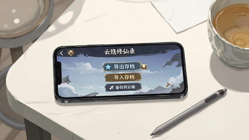 画面为一部手机横放在桌面上,手机屏幕显示“云隐修仙录”的游戏存档界面,界面中有导出存档、导入存档、备份到云端等按钮,手机旁边放着一支触控笔和一杯茶,背景为简约的浅色桌面,风格为清新写实插画,光影自然,画质清晰,构图干净,无多余元素。