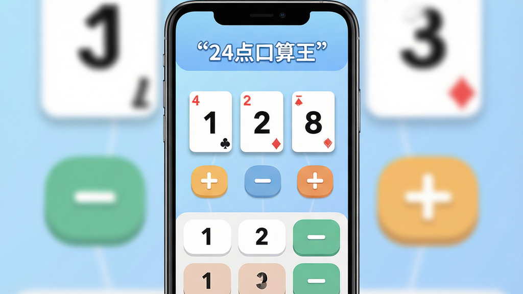 主体是一个竖版手机屏幕界面,屏幕中央显示着扑克牌风格的数字卡片与加减乘除符号按钮,布局简洁对称,排版上方为游戏标题区域下方为数字键盘操作区,风格为现代扁平化教育类应用UI设计,细节上数字卡片带有轻微阴影和圆角,背景为柔和的浅蓝色渐变,画质清晰干净无多余元素,屏幕上方用引号标注“24点口算王”文字。