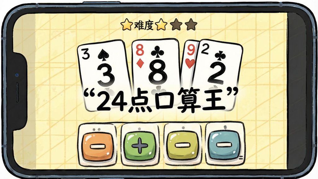 主体为手机屏幕特写,屏幕内显示三张扑克牌数字分别为3、8、9、2,下方有四个运算符按钮,布局为纵向排列的卡片式设计,排版上方有难度星级标识,风格为卡通手绘风教育软件界面,细节上按钮带有按压高光效果,背景为淡黄色网格纹理,画质清晰干净无多余元素,屏幕中央用引号标注“24点口算王”文字。