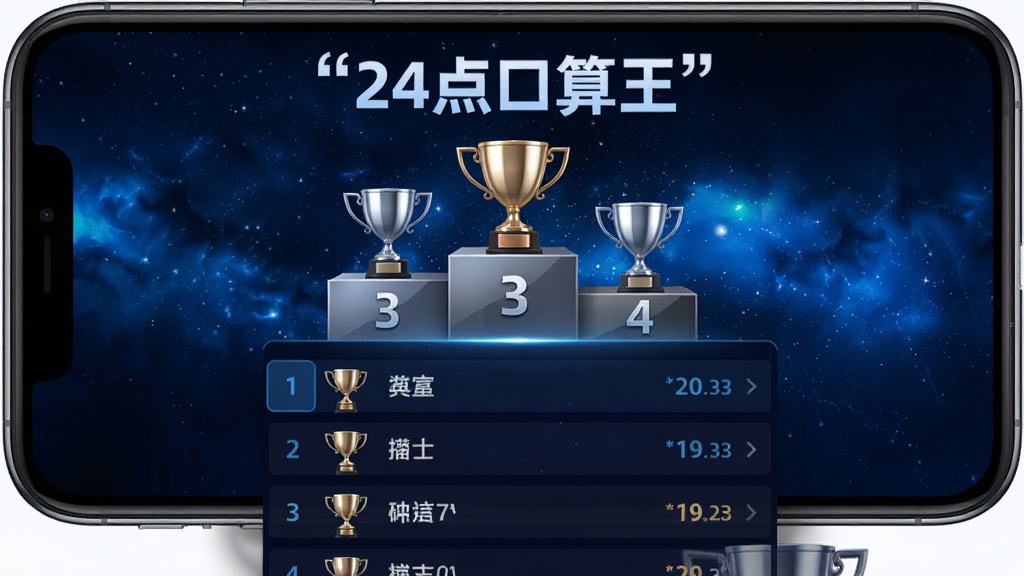 主体是一个手机屏幕展示排行榜界面,布局上方为前三名领奖台图形下方为列表式排名,排版整齐清晰,风格为电竞科技感深色主题,细节上奖杯图标带有金属光泽,背景为深蓝色星空渐变,画质清晰干净无多余元素,屏幕顶部用引号标注“24点口算王”文字。