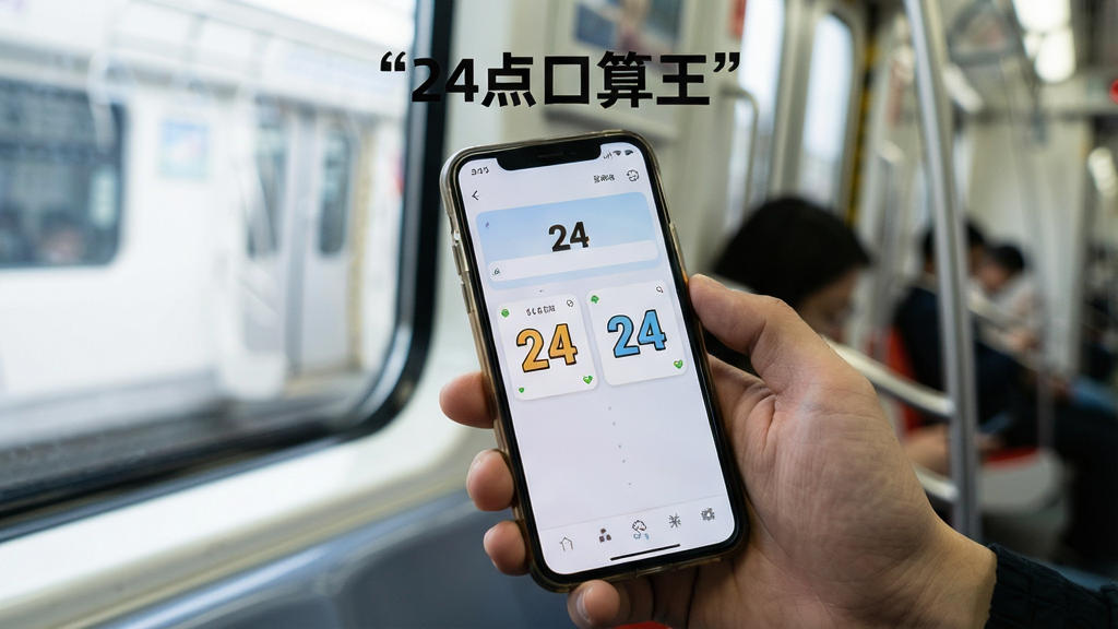 主体为一只手握着手机在地铁车厢内玩游戏的场景,手机屏幕显示24点题目界面,布局为人物手部与手机特写,排版突出手机屏幕内容,风格为写实生活摄影风格,细节上地铁窗户背景虚化,画质清晰干净无多余元素,手机屏幕上方用引号标注“24点口算王”文字。
